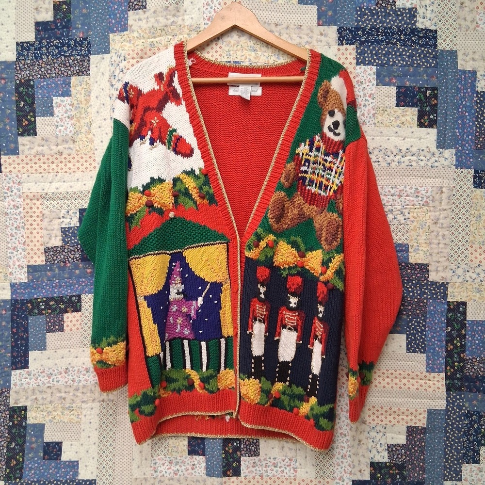 Marisa Christina Christmas Cardigan Hand Knitted Sweater‎ Large Teddy Nutcracker